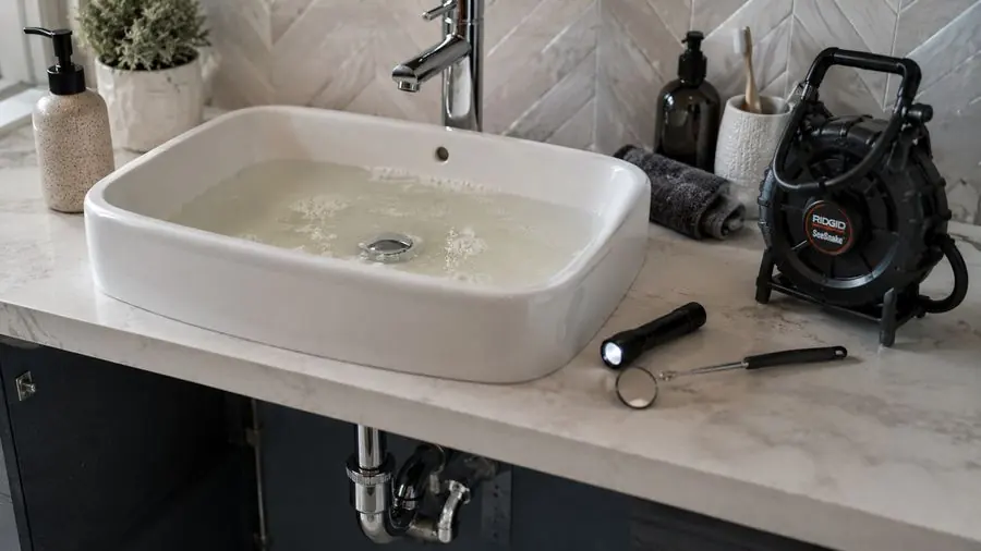 Slow-draining bathroom sink with drain inspection tools, Chelsea